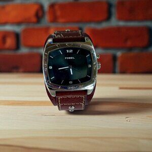 Vintage Fossil AM3696 Big Tic Polished Case Watch Leather Band Unisex